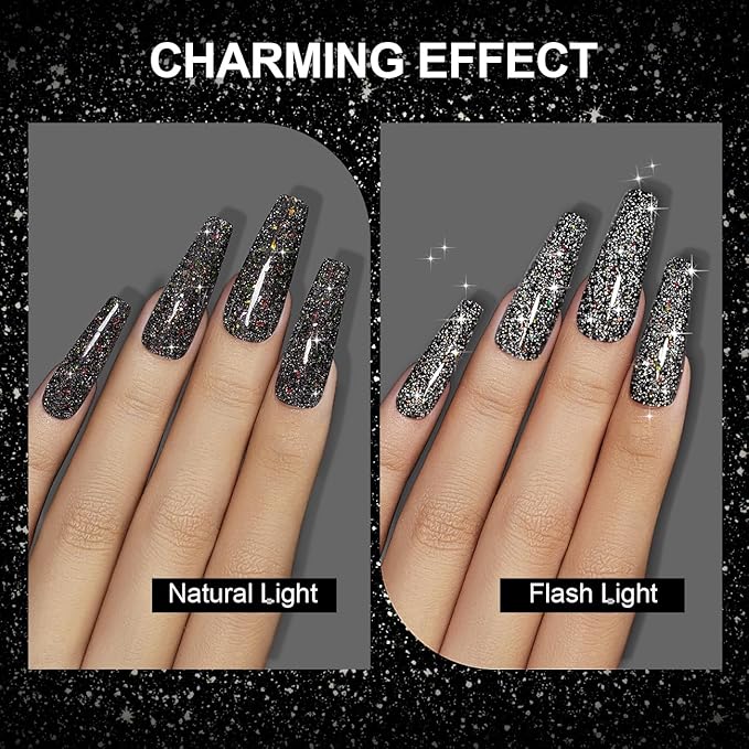 RARJSM Reflective Glitter Gel Polish Black Sequins Sparkling Glitter Iridescent Shimmer Gel Disco Glitters Sparkle Diamond Holographic Gel Soak off Nail Art Design Salon DIY at Home