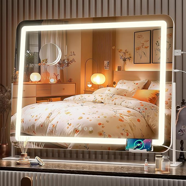 Hasipu 25" x21” LED Vanity Mirror with Lights - Makeup Mirrors with 10X Magnification, USB Charging, 3 Color Dimmable, 360° Rotation (White)