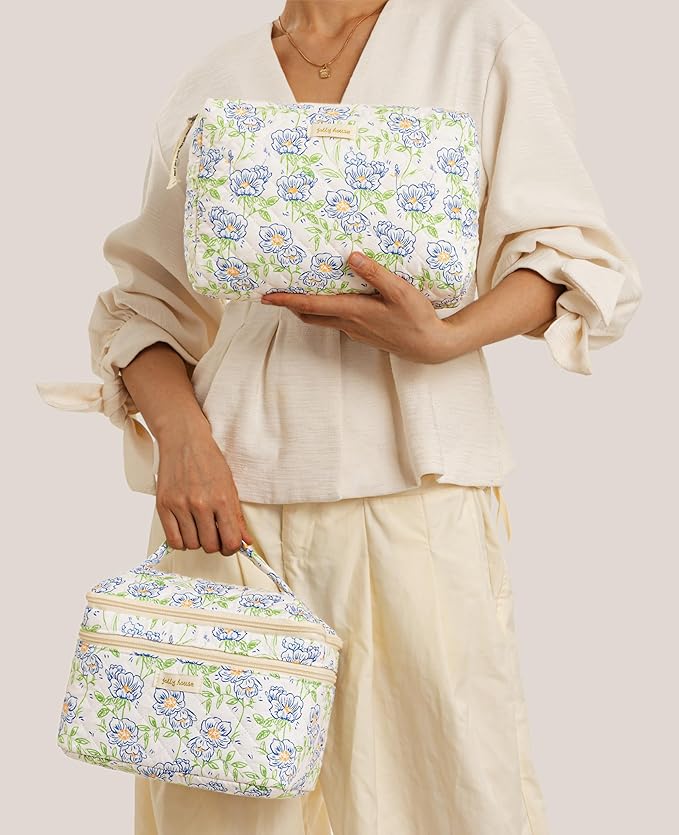 HBselect 2Pcs Travel Makeup Bag, Large Cotton Quilted Makeup Bag Cosmetic Bag Cute Make up Bag Toiletry Bags for Women Girls