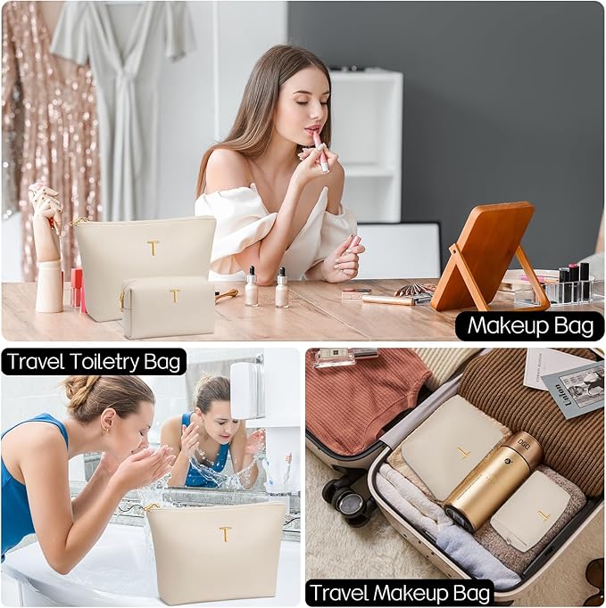 Women Gifts | Initial Makeup Bag Set for Girl Personalized Gifts for Bridesmaid Friend Graduation Teachers PU Leather Cosmetic Travel Toiletry Bag(Beige,T)