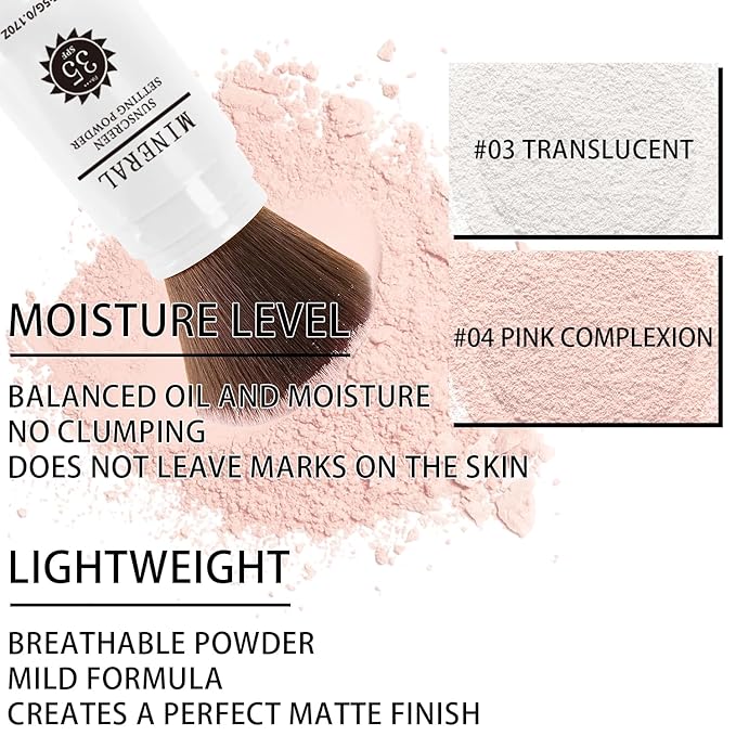 Sunscreen Setting Powder SPF 35, Mineral Brush Powder for Face & Scalp, Oil Control Natural Matte Finish Loose Powder Translucent Lasting Lightweight Breathable for All Skin (04# Pink Complexion)