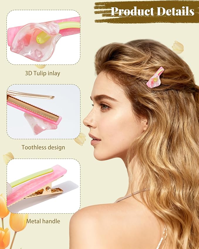 ACECHA Tulip Flower Acrylic Hair Clip Set, 6 Piece Large Claw Clips & No Crease Hair Clips for Thin and Thick，Non-Slip Hair Grip Hairclips for Makeup, Salon, Strong Hold Jaw Clamps (Pink & Green)