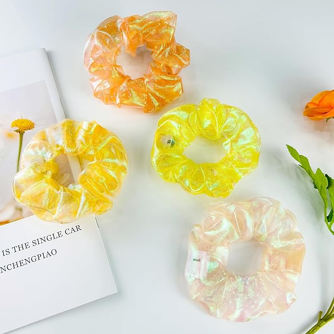4Pcs Light Up Scrunchies for Women Girl, Multi Light Modes LED Scrunchy, Hair Tie, Glow in The Dark Hair Accessories, Orange Set for Rave Party, Christmas Festival, Neon Glow Party