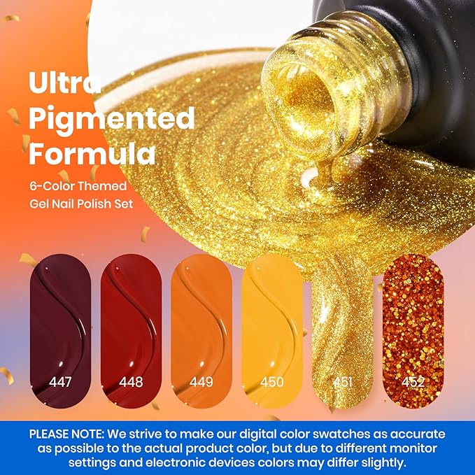 Beetles Fall Gel Nail Polish Set 6 Colors Gel Polish Red Orange Brown Gold Glitter Kit DIY Home Nail Art Manicure Kits Gifts for Women Golden Blessing