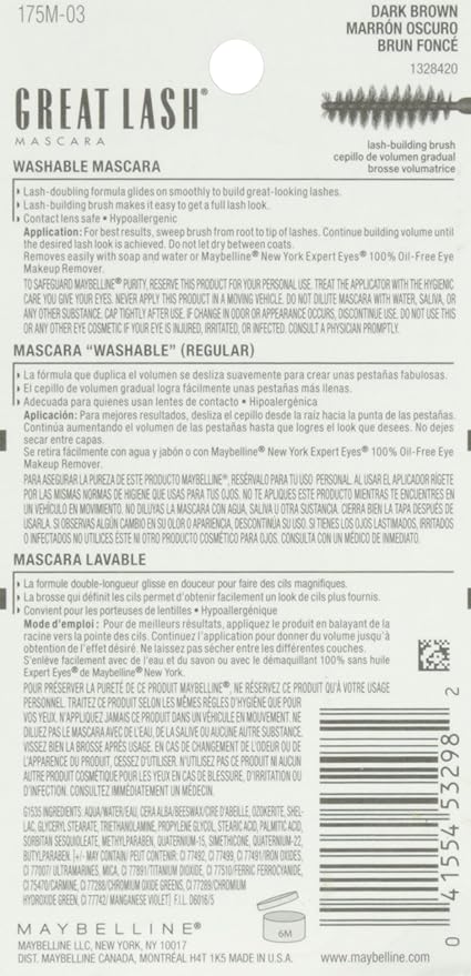 Maybelline New York Makeup Great Lash Washable Mascara, Dark Brown Volumizing Mascara, 0.43 fl oz