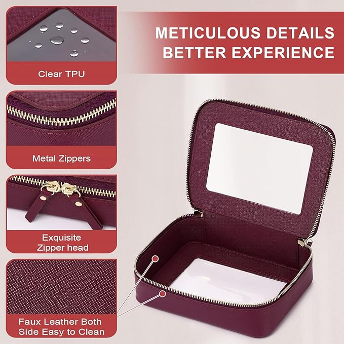 Pinkmik Clear Makeup Bag for Women Waterproof Travel Cosmetics and Toiletries Case Portable Makeup Oaganizer Bag Clear Car Bag with Zipper (X/Burgundy, M)