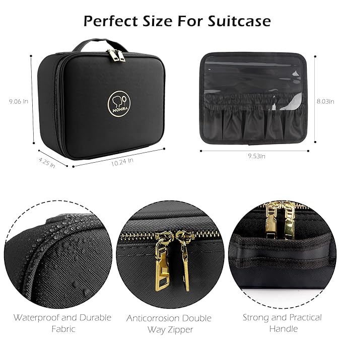 MOMIRA Travel Makeup Bag Cosmetic Bag Makeup Organizer Bag with Large Lighted Mirror 3 Color Scenarios Adjustable Brightness, Waterproof Makeup Travel Case, Large Makeup Train Case Toiletry Gift