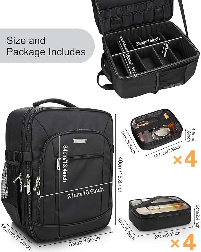 Makeup Backpack Professional Cosmetic Artist Bag Extra Large Travel Train Case Storage Organizer Double-Layer Cosmetic Case with 8 Pouch &Adjustable Divider (Black)