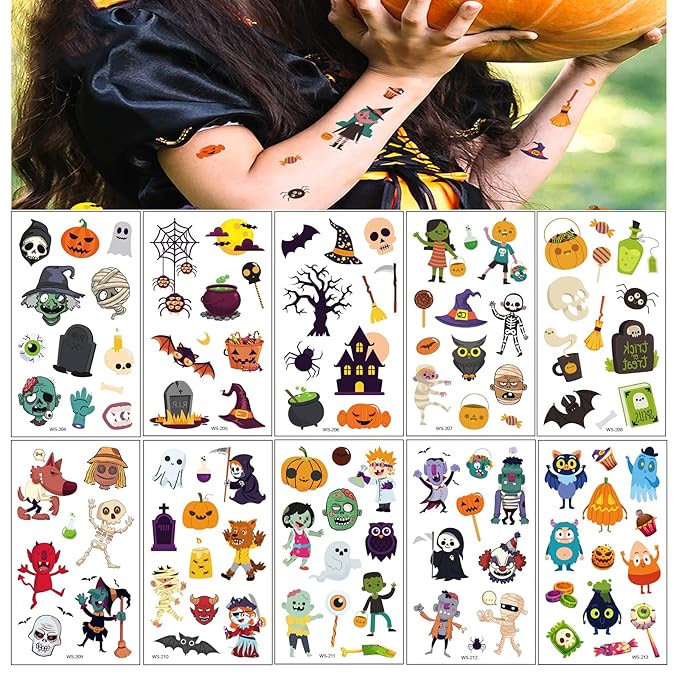 Temporary Tattoos for Kids Halloween Makeup, 120Pcs Cartoon Tattoos (11 Sheets) Waterproof Fake Tattoo Body Art Stickers Children Party Decoration Supplies Gifts Favors Girls Boys Halloween