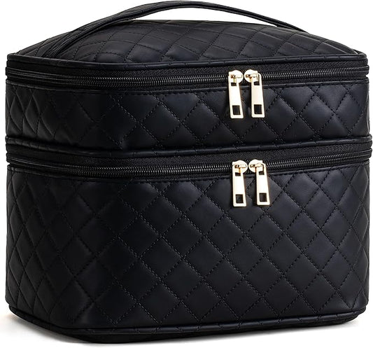 Makeup Bag for Women X-Large Travel Makeup Bag Organizer Portable Toiletry Bag Cute Makeup Bags Waterproof Leather Cosmetic Bag Makeup Case with Removable Dividers, Lattice Black