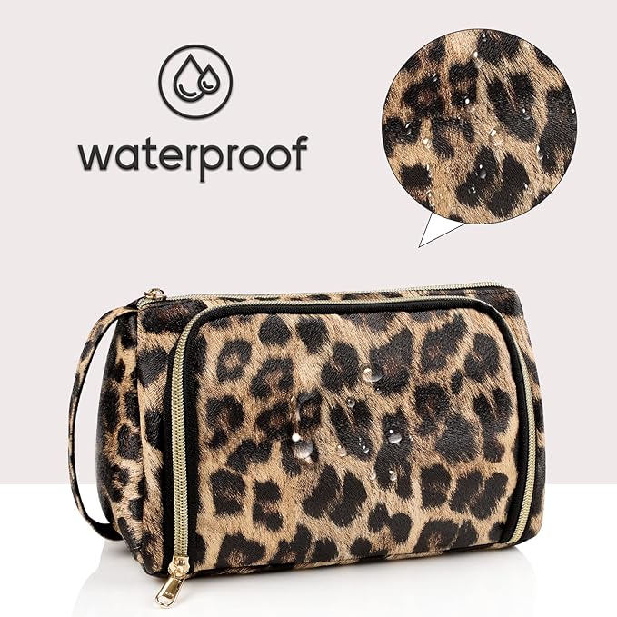 Travel Makeup Bag, Leopard Print Cosmetic Bag, Portable Make Up Organizer Bag with Side Handle, Roomy Makeup Pouch for Purse