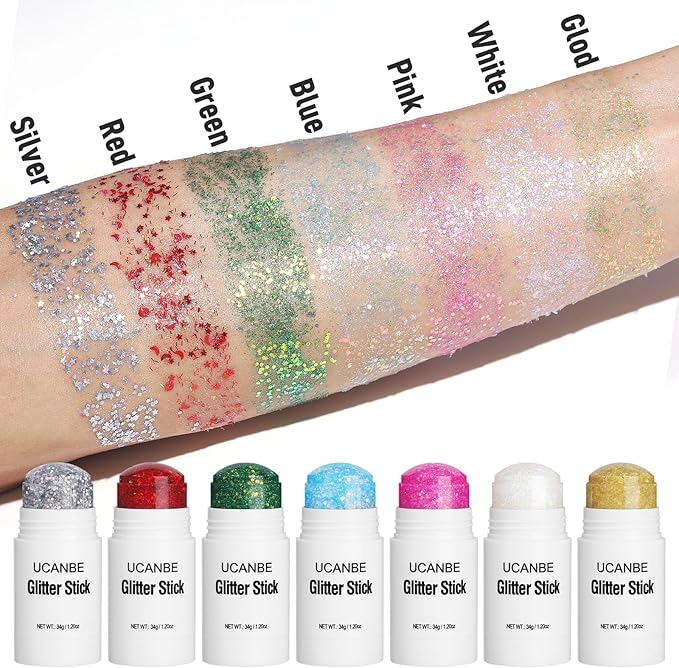 UCANBE Silver Body Glitter Stick for Singer Concerts Music Festivals, Face Glitter Makeup for Face Body Hair Eyes & Lips, Chunky Glitter Sparkling Mermaid Sequins for Women 1.2OZ