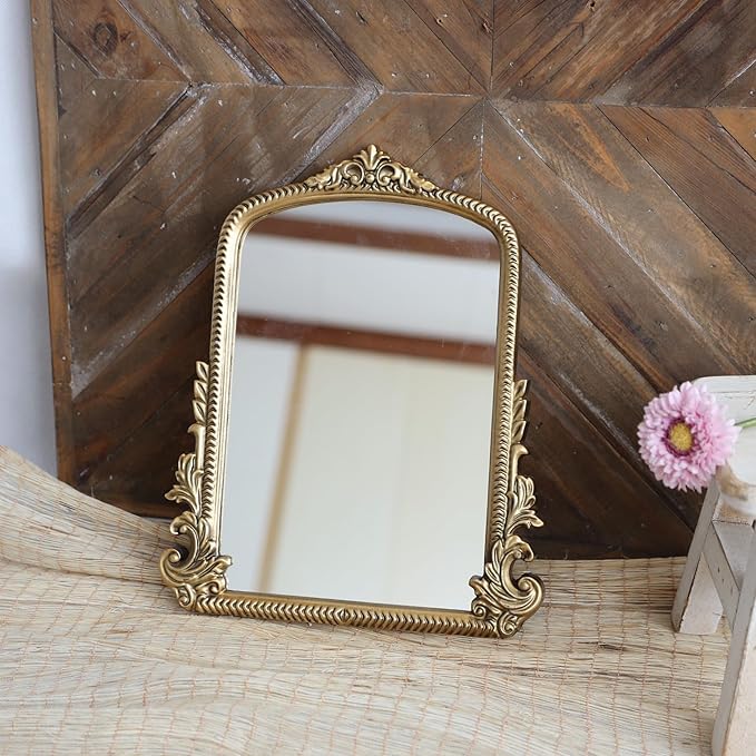 Vintage Bronze Vanity Makeup Bronze Desk Mirror - Antique Gold Finish - Elegant Wood Framed Standing Carved Mirror for Living Room, Bedroom, and Tabletop - 11.8" x 9.6" - Classic Chic Arch Design