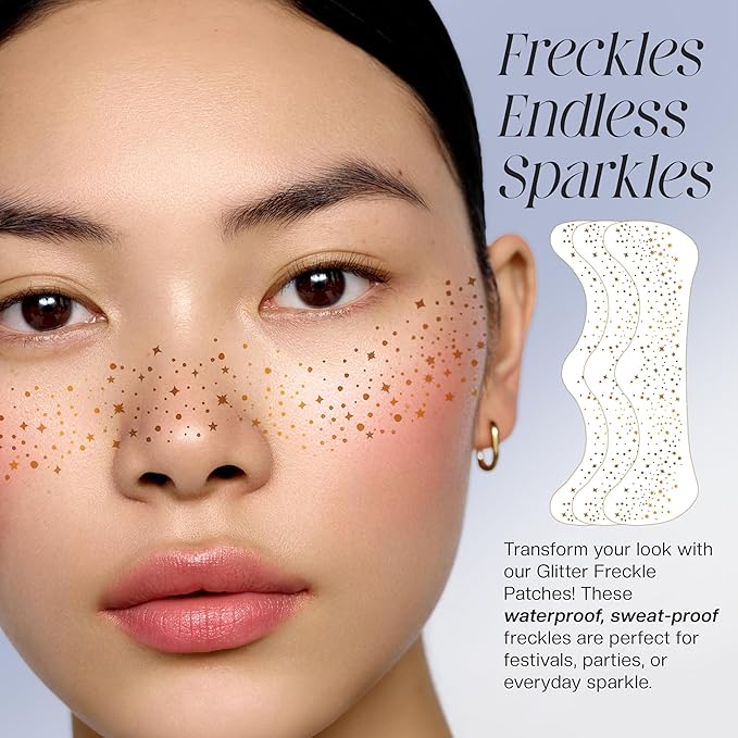Glitter Freckles Face Tattoo, 10 Pcs Gold Face Glitter Freckles for Women, Festival Outfits for Women Rave Accessories Fake Tattoos, Sparkle Makeup Patches, Waterproof Speckles Patches,Mini Makeup