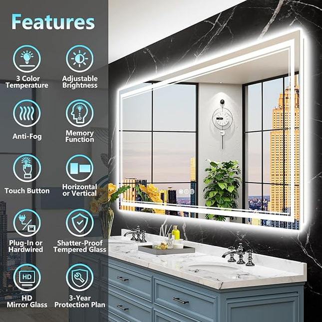 72x40 LED Bathroom Mirror with Lights, Backlit and Front Lit, Anti-Fog Lighted Vanity Mirrors for Bathroom Wall, Dimmable, 3-Color Light, Memory, Shatter-Proof, HD Tempered Glass, CRI＞90