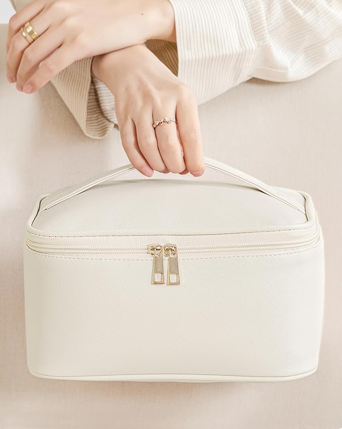 Makeup Bag for Women, Large Travel Makeup Bag Organizer, Portable Toiletry Bag, Cute Makeup Bags Waterproof Leather Cosmetic Bag Makeup Case with Removable Dividers, Beige