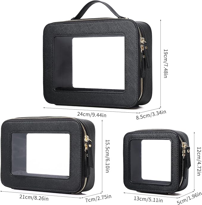Pinkmik Clear Makeup Bag Waterproof Travel Case for Cosmetics and Toiletries Women's Purse Organizer and Clear Car Bag with Zipper (Black, L+M+MINI)