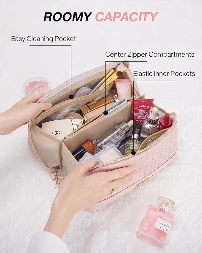 BAGSMART Makeup Bag, Travel Cosmetic Bag Organizer, PU Leather Water-Resistant Pouch, Open Flat Makeup Storage for Toiletries, Brushes, PU Leather Pink