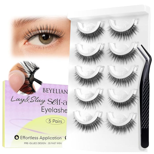 BEYELIAN Self Adhesive Eyelashes Reusable Press on Lashes, Pre Glued Eyelashes No Glue Need, Wispy Lash Natural Look Faux Mink False Eyelashes 5 Pairs ZCV-154
