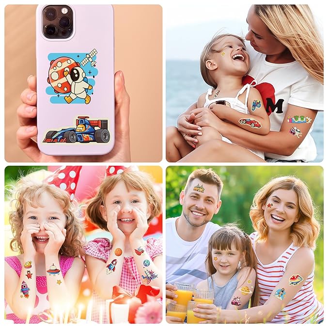 Temporary Tattoo for Kids, Space and Vehicle Glow In Dark Tattoos, 250+ Patterns Luminous Fake Tattoo Sticker，Planet Astronaut Spaceship Alien Plane Car 36 Sheets Long Lasting Tattoo for Party Supply