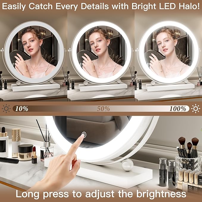 13 Inch Vanity Mirror with Lights, Round Make Up Mirror with Lighting, LED Mirror Makeup Mirror with Lights for Bedroom Tabletop, Smart Touch Control, 360° Rotation (White)