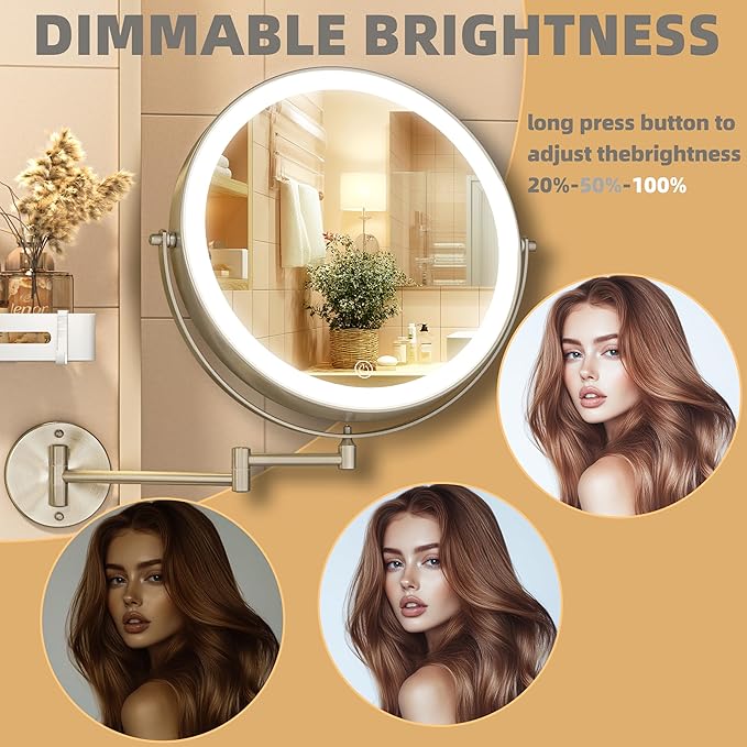 10" Wall Mounted Makeup Mirror with Light, 3000mAh Rechargeable Double Sided 1X / 10X Magnifying Vanity Mirror, 3 Color Lights Touch Dimmable 360° Rotation Bathroom Mirror, Nickel