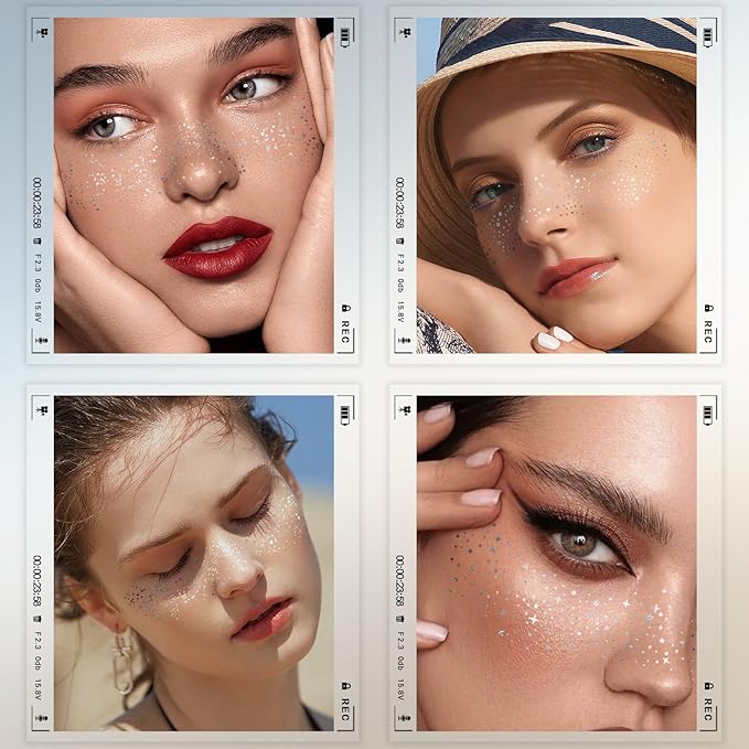 24 PCS Silver Glitter Freckle Tattoos, Glitter Freckle Face Temporary Tattoo, Glitter Face Makeup Accessories, Easy to Remove, Waterproof, 2 Designs