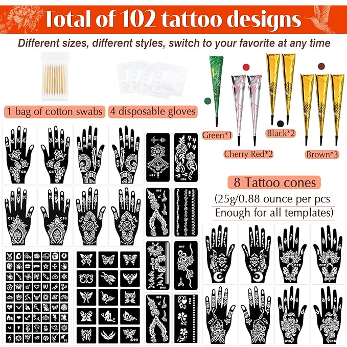 Temporary Tattoos Stencils Kit,Temporary Tattoos Kit - 8 Pcs 4 Color(Brown,Black,Cherry red,Green), Ink with Gloves,DIY Body Art Painting for Women Men Adults Kids