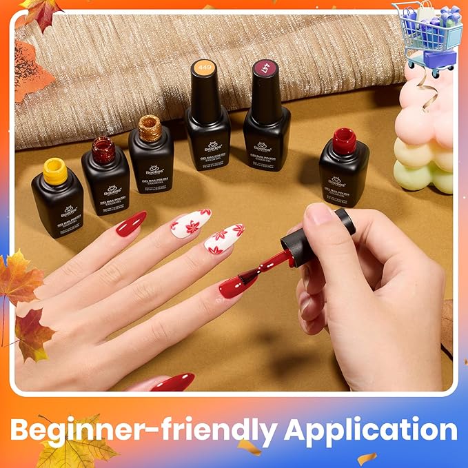 Beetles Fall Gel Nail Polish Set 6 Colors Gel Polish Red Orange Brown Gold Glitter Kit DIY Home Nail Art Manicure Kits Gifts for Women Golden Blessing