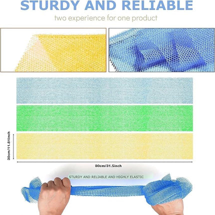 UJFQBH 3 Pieces African exfoliating net African Net Long Net Bath Sponge Exfoliating Shower Body Scrubber Back Scrubber Skin Smoother,Great for Daily Use (Yellow, Green, Blue)