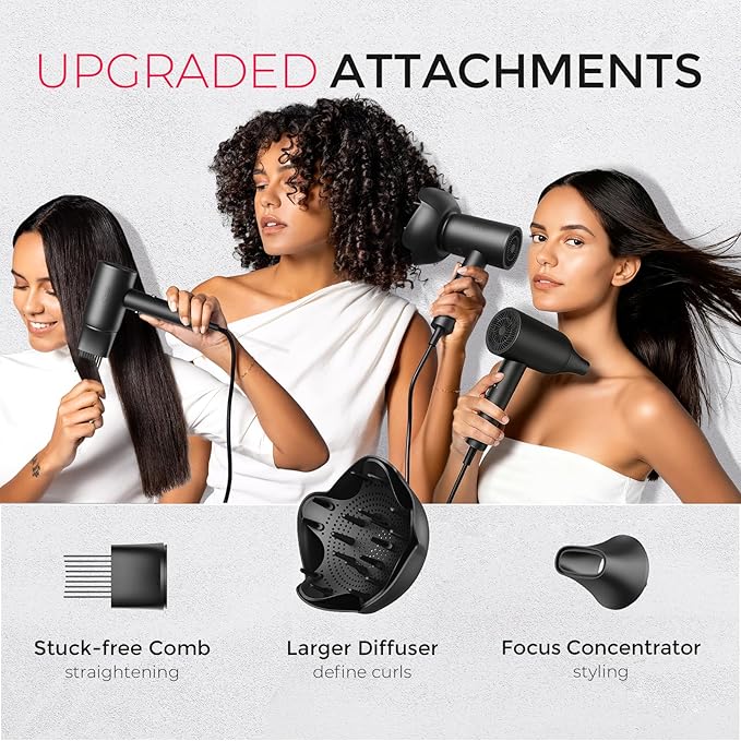 TYMO Diffuser Hair Dryer Blow Dryer - 300 Million Ionic Hairdryer with Diffuser & Comb Attachment for Curly Hair, Professional Blowdryer for Women, Cool Air Button, Small Travel Lightweight, Black