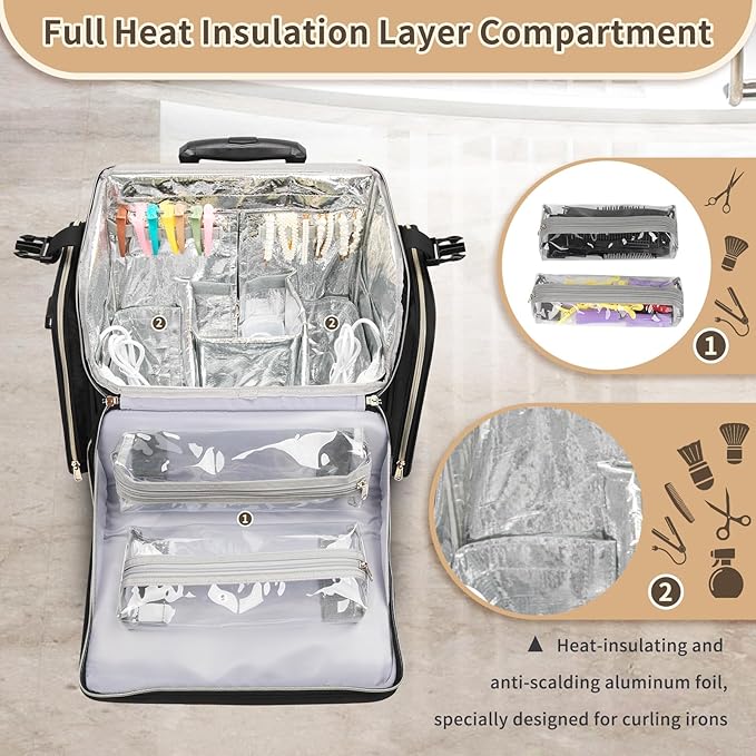 OCHEAL Hairstylist Traveling Case - 360° Rotatable Wheels, Heat Insulation Cosmetic Makeup Trolley Train Case for Hairstylists Hairdressers, Detachable Pouch, Hairdressing Tool Organizer