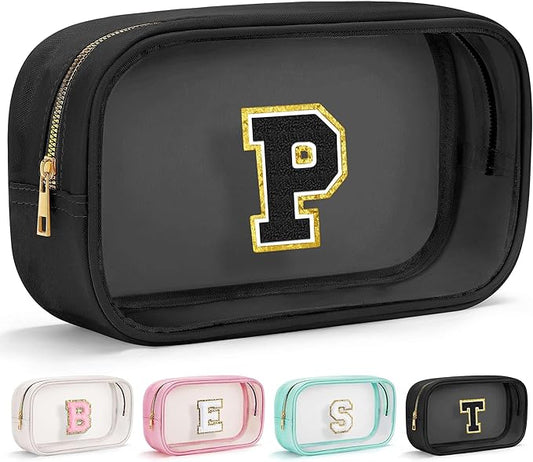YOOLIFE Travel Toiletry Bag for Women, Black Clear Makeup Bag Cute Make Up Bag for Women Cosmetic Bags Skin Care Makeup Bag Organizer Birthday Gifts for Women Teacher Mother Girlfriend Initial P