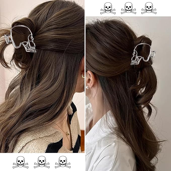 AIUPUOC Skull Hair Clips for Women: 2Pcs Large Gothic Silver Metal Hair Claw Clips for Thick Hair - Halloween, Spider, Skeleton Hand Designs