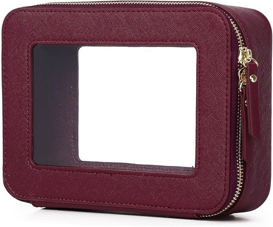 Pinkmik Clear Makeup Bag for Women Waterproof Travel Cosmetics and Toiletries Case Portable Makeup Oaganizer Bag Clear Car Bag with Zipper (X/Burgundy, M)
