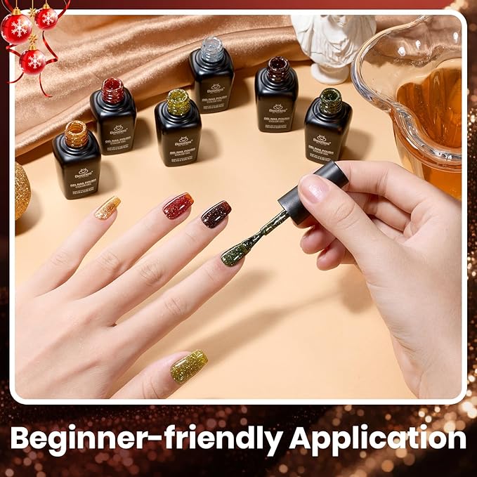 Beetles Glitter Gel Nail Polish Set – Vintage Luminary 6 Sparkling Colors Reflective Long-Lasting UV LED Soak Off Gel Holiday Party Nail Art Kit Gift for Women