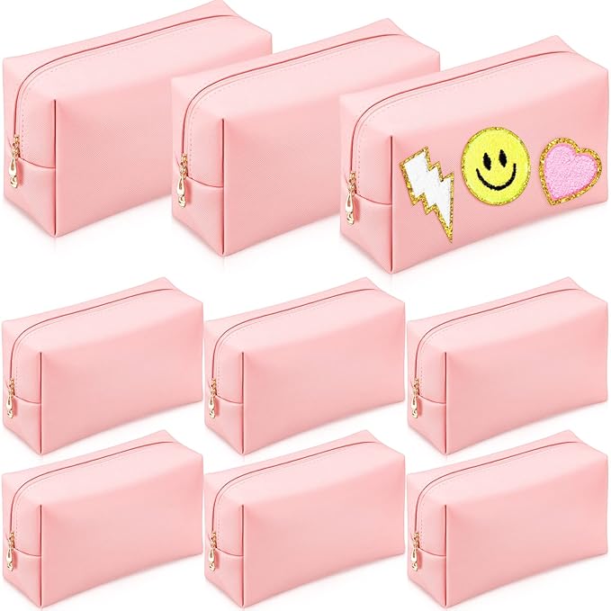 Sanwuta 9 Pcs Makeup Bags Bulk PU Double Zippers Cosmetic Bag Makeup Toiletry Pouch Portable Travel Organizers Case for Women Bachelorette Party End of The Year Bridesmaid Gift(Pink)