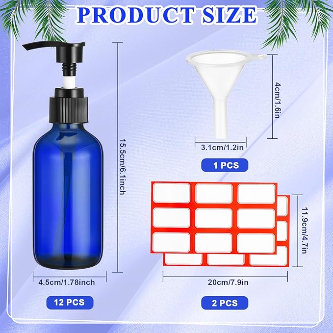 Tanlade 12 Pcs Glass Pump Bottle Dispenser 4 oz Travel Bottles with Pump Refillable Glass Containers for Toiletries Lotion Liquid Soap Shampoo Essential Oils Cosmetic Travel Accessories(Blue)