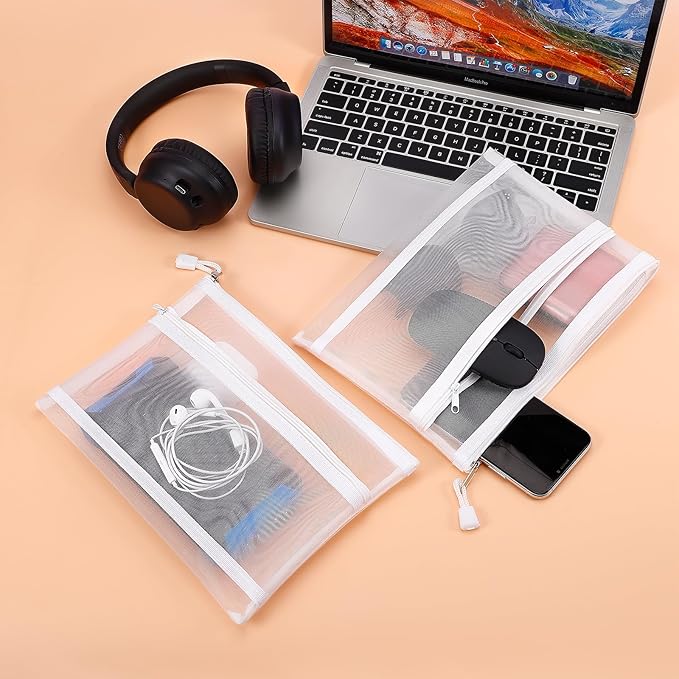 12 Pieces Zipper Nylon Mesh Pouch, Mesh Cosmetic Bags Makeup Bags Pencil Case, Multipurpose Travel Bags for Cosmetic School Office Supplies and Travel Accessories (2 Layers-White, A5)