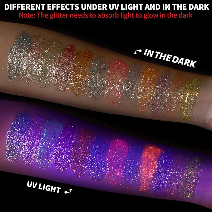 Teenitor 12 Colors Fine Glitter Body Glitter Gel, Glow in The Dark Glitter Gel, Glow in The Dark Face Paint, Face Sparkles for UV Black Light Raves Concerts Festivals