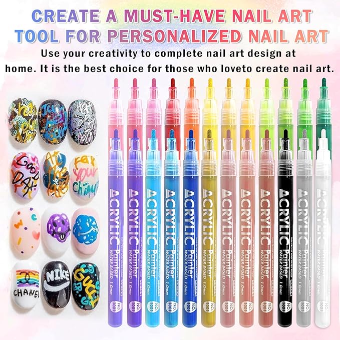 24 Colors Nail Art Pens Set Nail Polish Pens Nail Art Drawing Graffiti Marker Pen Quick Dry Waterproof Nail Art Painting Pens Kit for Home DIY Nail Art Design