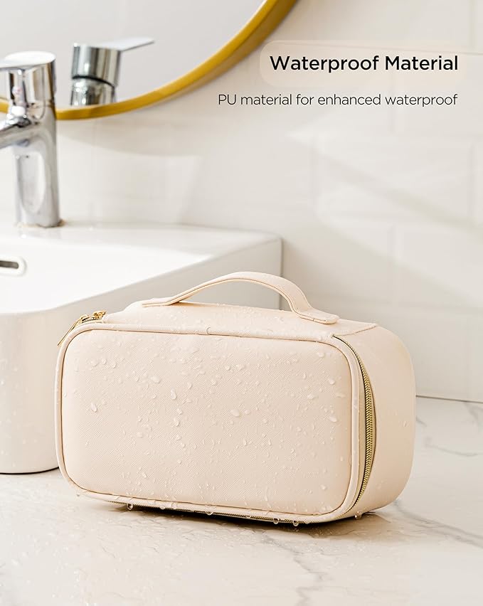Makeup Bag for Women Small Travel Makeup Bag Organizer Portable Toiletry Bag Cute Makeup Bags Waterproof Leather Cosmetic Bag Makeup Case with Handle, Beige