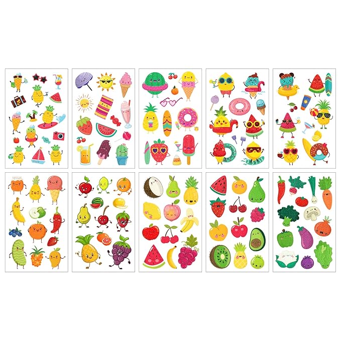 120 Pcs Fruit Vegetables Temporary Tattoos for Kids- 10 Sheet Glitter styles Fake Tattoo Stickers，Apples Bananas Pears Face Makeup Tattoos for Girls and Boys，Holiday Party Favors Supplies Accessories