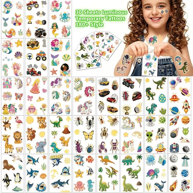 180 PCS Glow in The Dark Temporary Tattoos for Kids Boys Girls Luminous Truck Mermaid Unicorn Dinosaur Shark Animal Space Fake Tattoo Stickers for School Show Birthdays Halloween Party Supplies