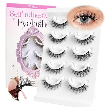 CALAILIS Self Adhesive Eyelashes 5 Pairs Natural Look Press On Lashes No Glue Need Eyelashes Reusable Cat Eye Wispy Self-adhesive False Lashes with Replacement Adhesive Strips (C001)