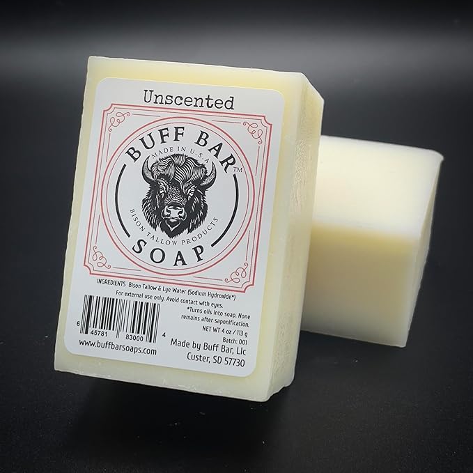 BUFF BAR Bison Tallow Buff Soap Bar, Unscented, (2 pack) - Cleans, Moisturizing, Non-Habit Forming, Soothes, Hydration, Naturally Derived - No Dyes, Chemicals, Fragrances, Preservatives