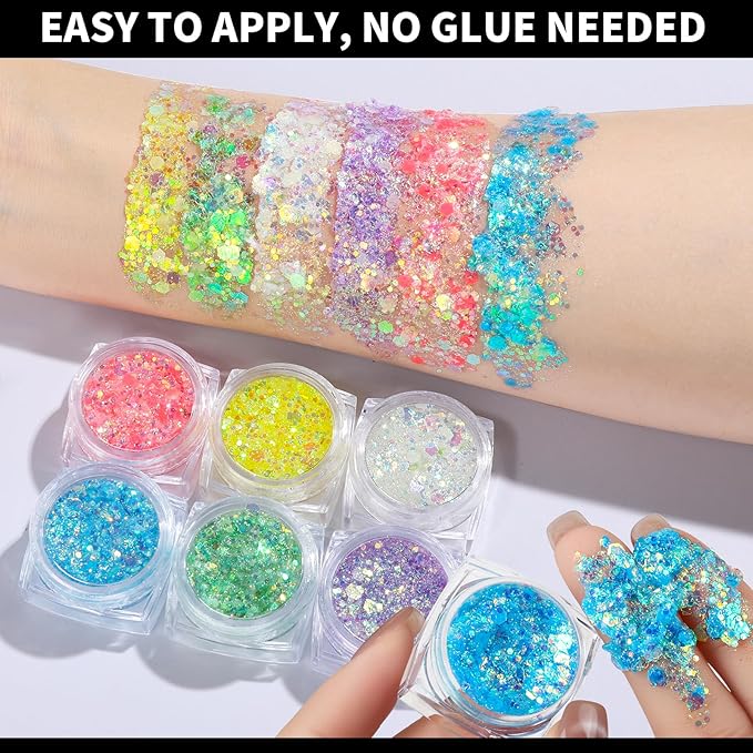 Teenitor 6 Colors Glow in The Dark Glitter Gel, Face Glitter Gel, Body Glitter Hair Glitter for Halloween Makeup UV Black Light Party Cheer Raves Festivals