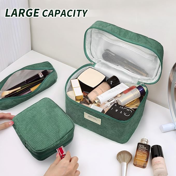 4 Pcs Makeup Bag for Women Corduroy Cosmetic Bag Aesthetic Cute Bags Multi Size Purse Pouch Travel Toiletry Bag Set Makeup Organizer with Zipper(Green)