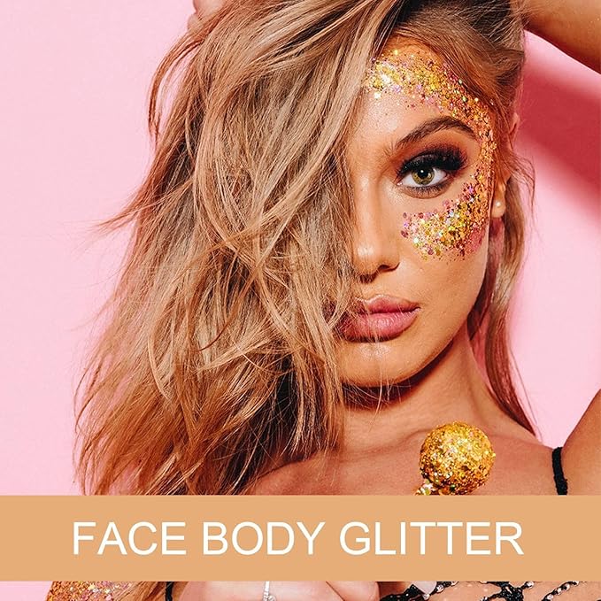 Body Glitter Gel - Sparkly Chunky Glitter Hair for Kids Women, Iridescent Glitter Freckles, Halloween Christmas Singer Concert Festival Rave Accessories (Gold Body Glitter)