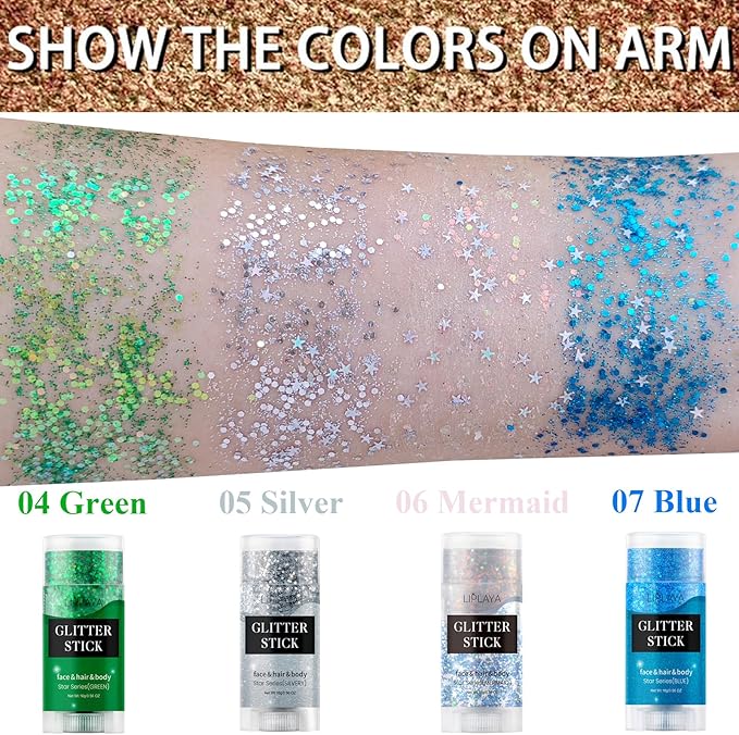 Silver Face Body Glitter Stick, Mermaid Sequins Face Glitter Gel, Singer Concerts Music Festival Rave Accessories,Holographic Chunky Glitter Makeup for Lip Eye Hair Body